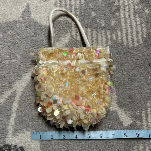 Jessica McClintock Satin Lined Beaded Sequin Yellow Ivory Drawstring Mini Bag - Picture 5 of 8